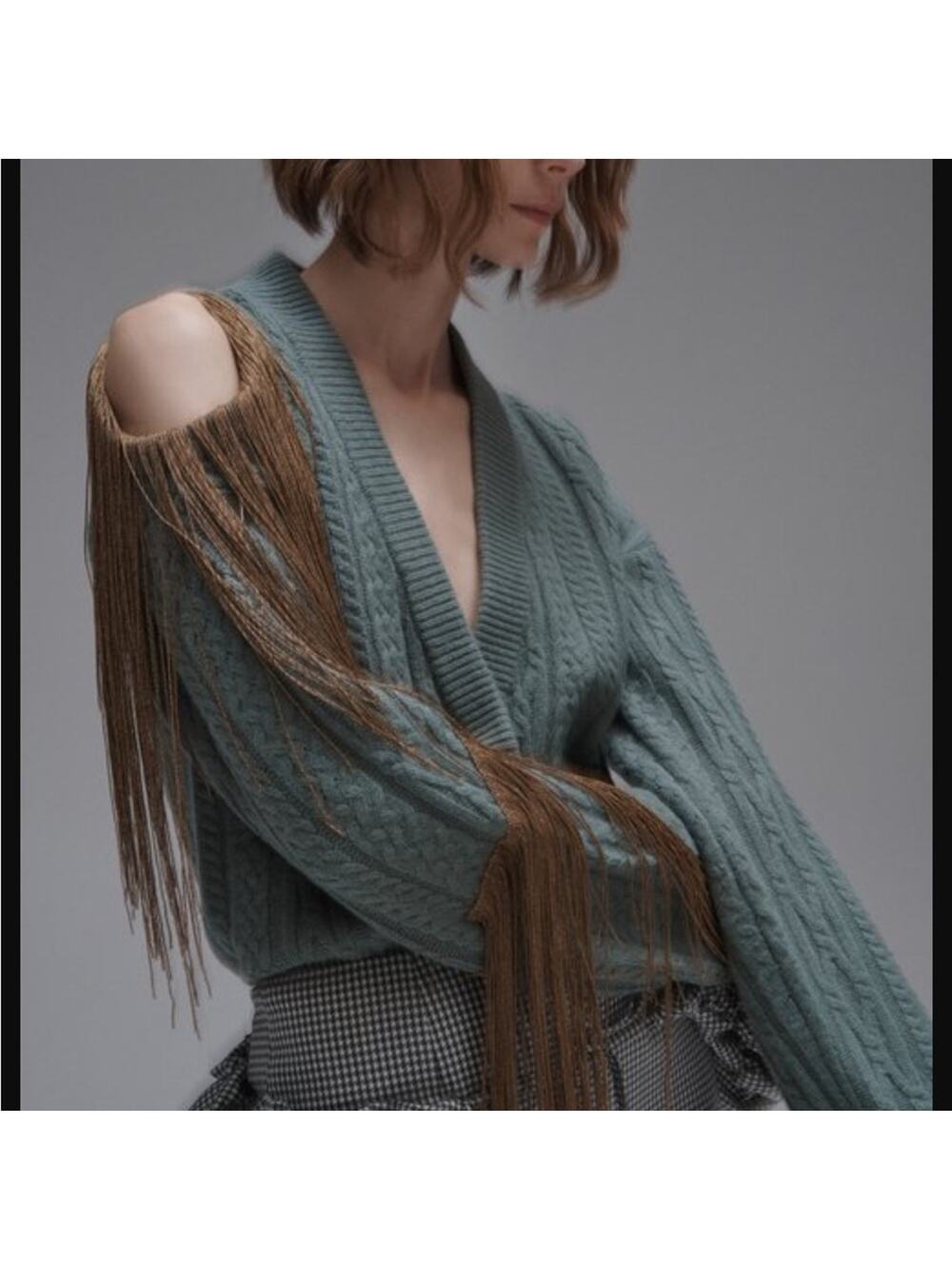 HELLESSY Marvelle Fringe Merino Wool-Blend Wrap Sweater Green and Gold Size M